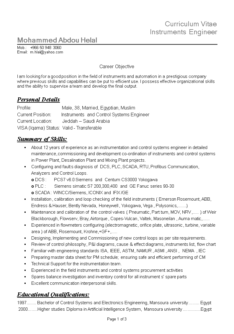 Instrumentation Engineering Resume Format main image