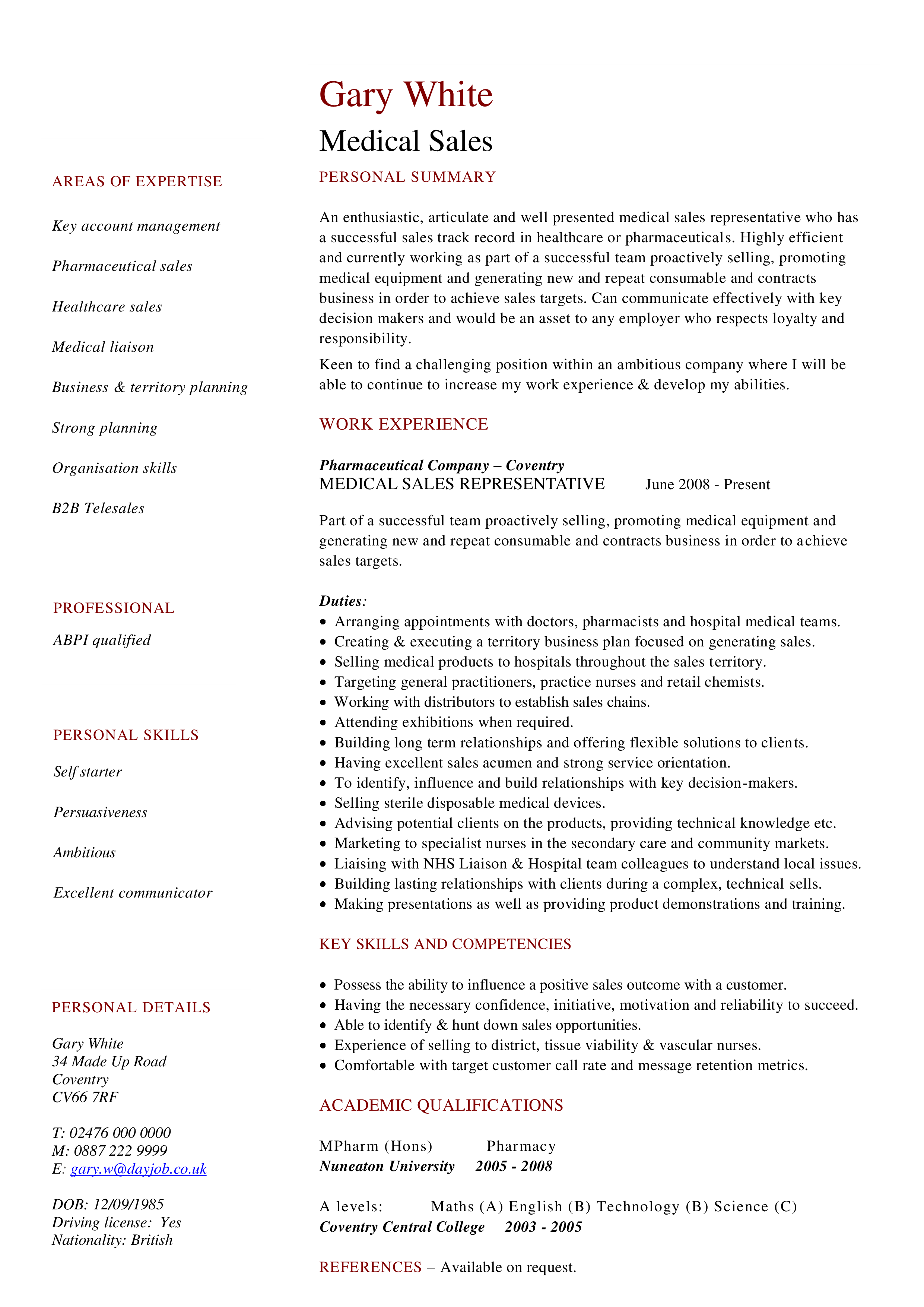 medical sales representative cv template