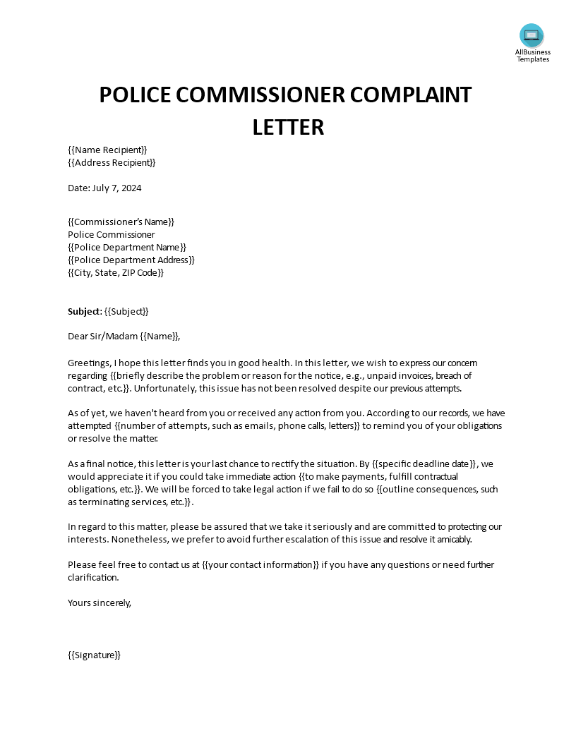 police commissioner complaint letter Hauptschablonenbild