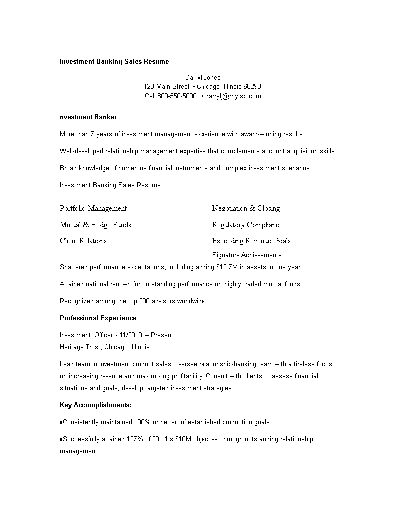 investment banking sales resume template