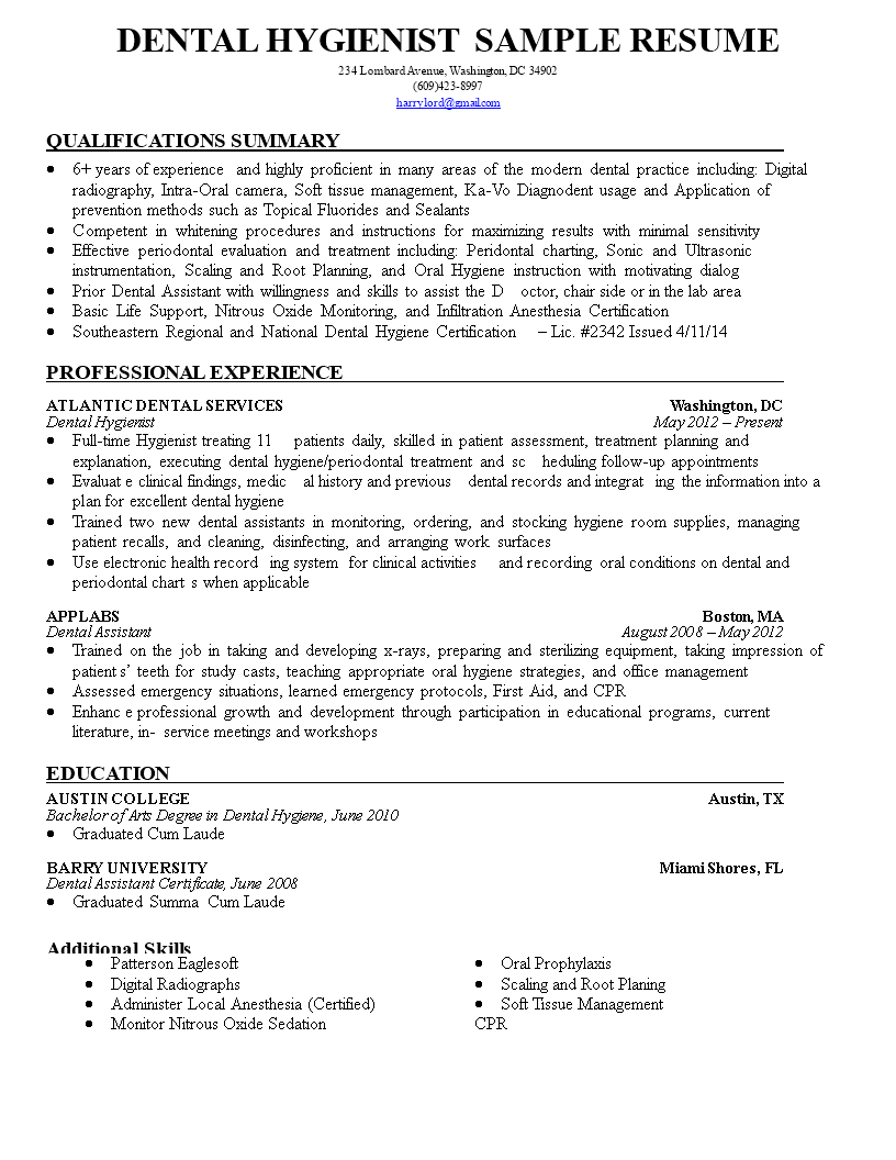 Dental Hygienist CV Sample 模板