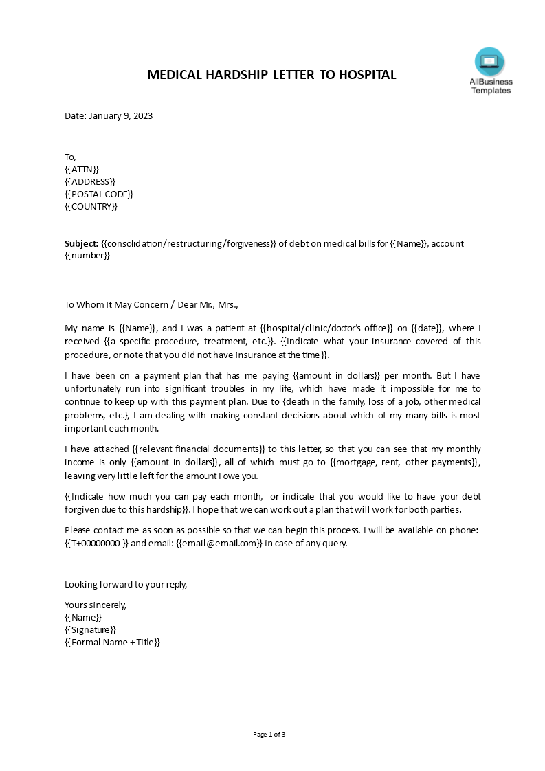 medical hardship letter to hospital voorbeeld afbeelding 