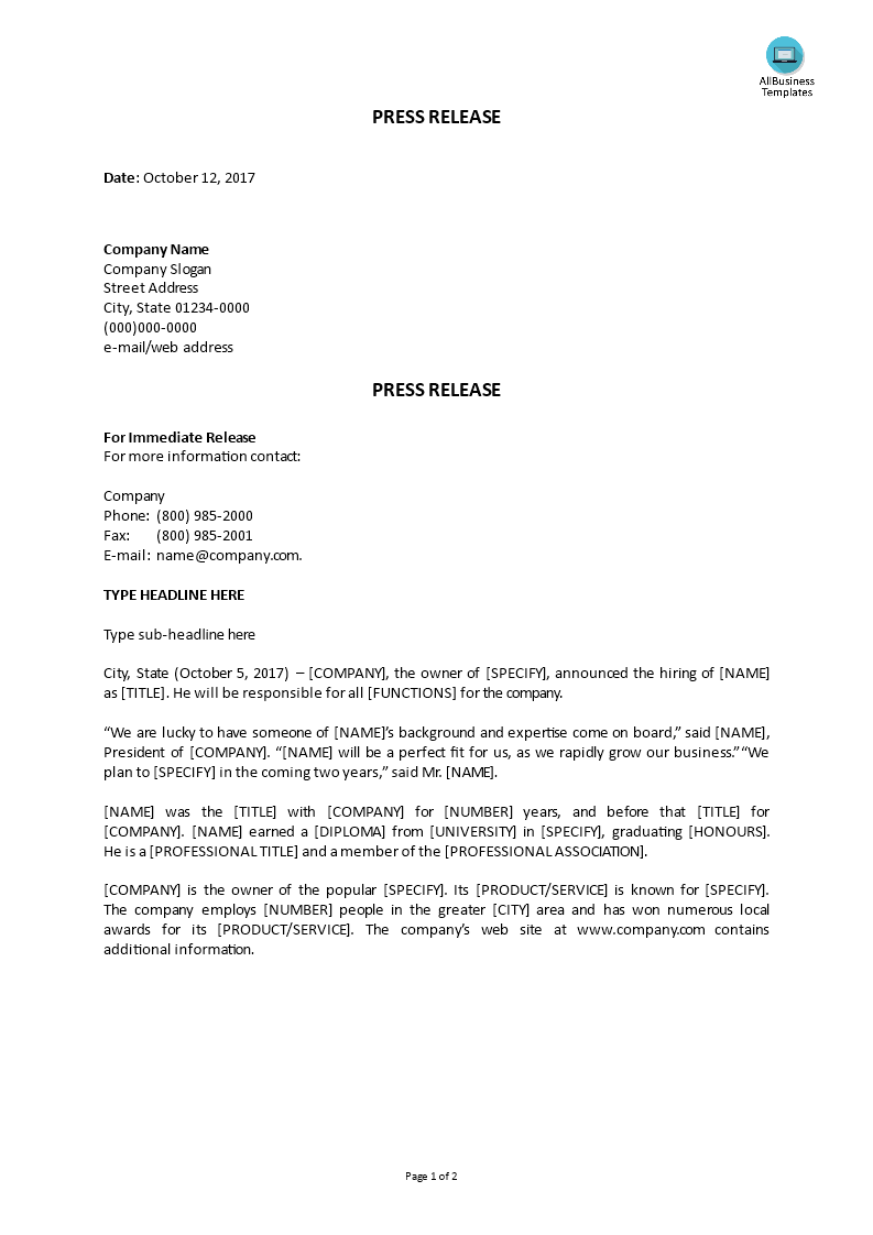 press release hiring of key employee modèles