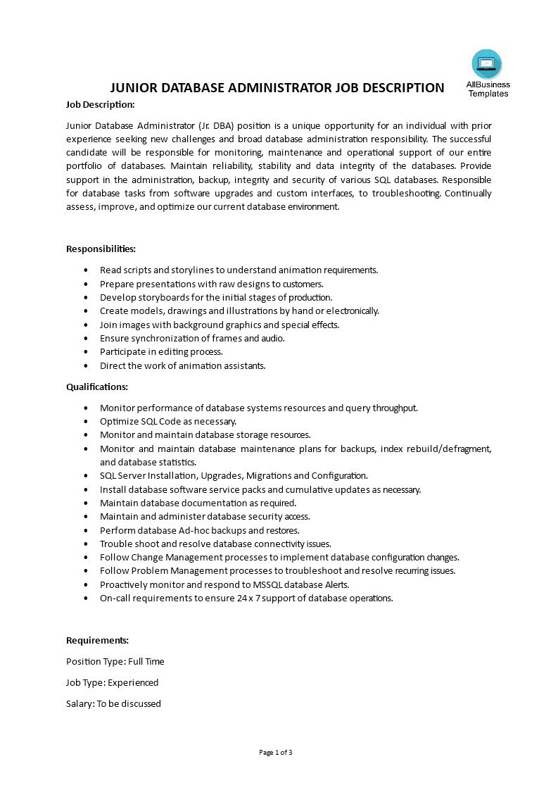 junior database administrator job description template