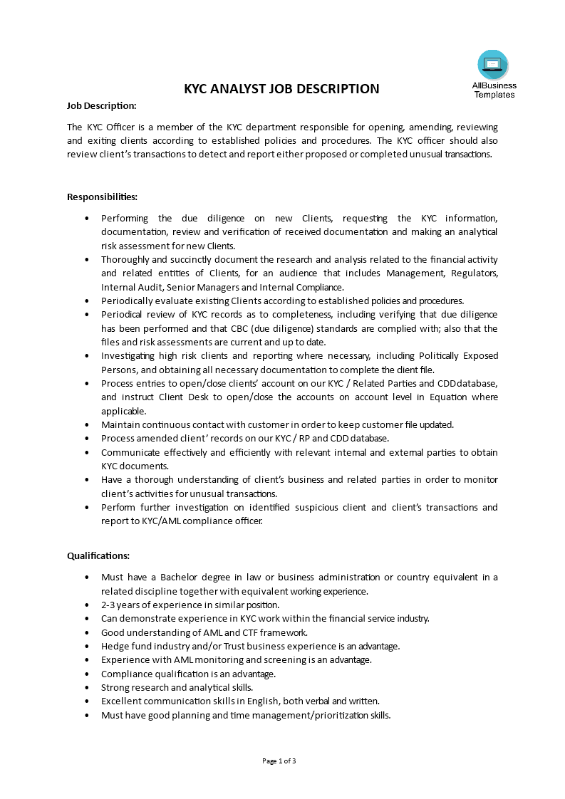 Kyc Analyst Job Description main image