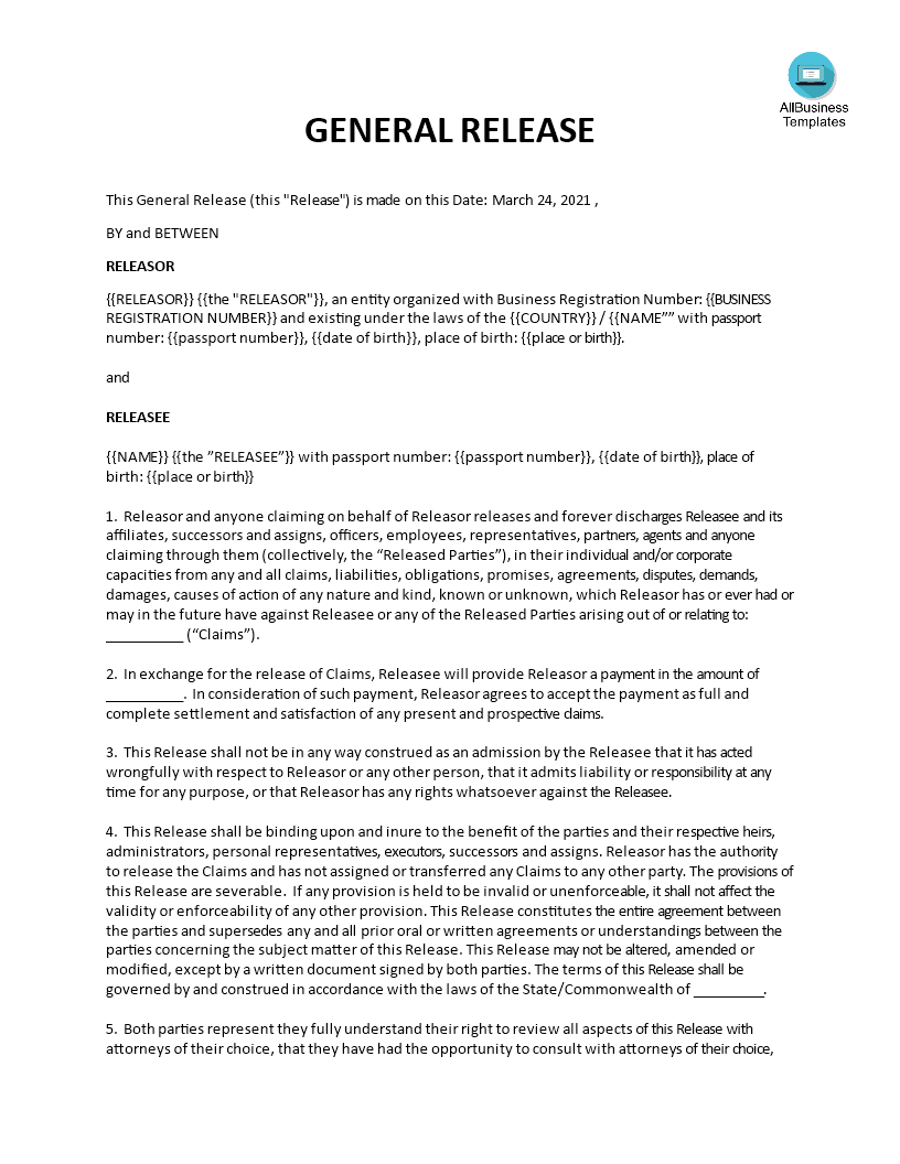 General Release Waiver Agreement Templates at