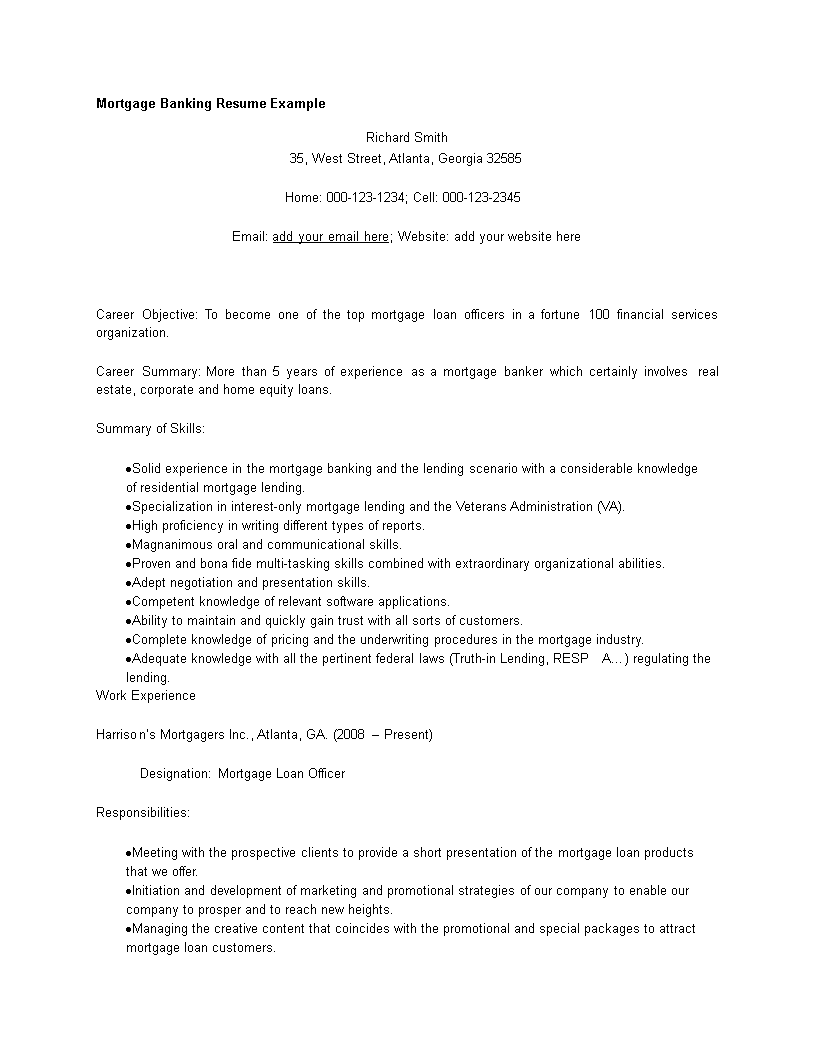 mortgage banking resume template