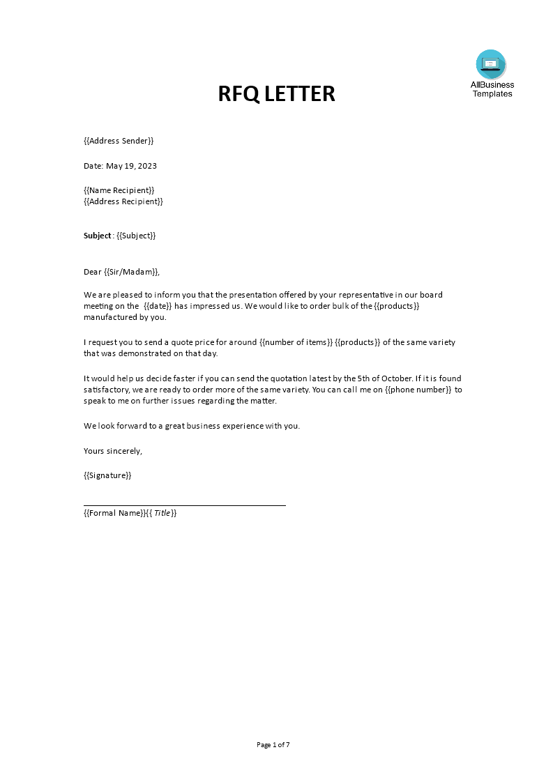 request for quote letter template