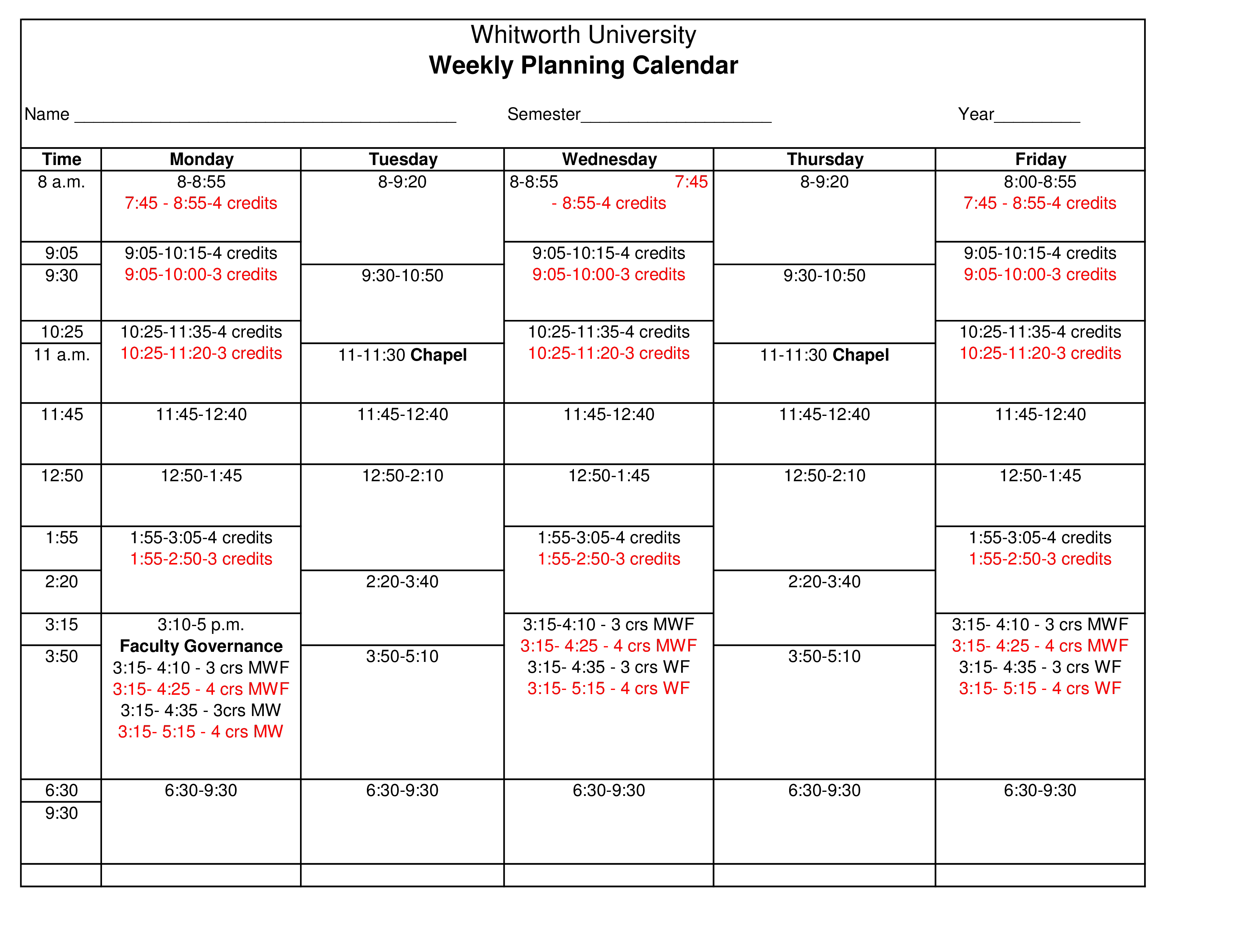 weekly calender planning modèles