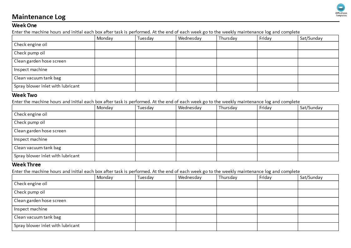 machinepark onderhoudslogboek template