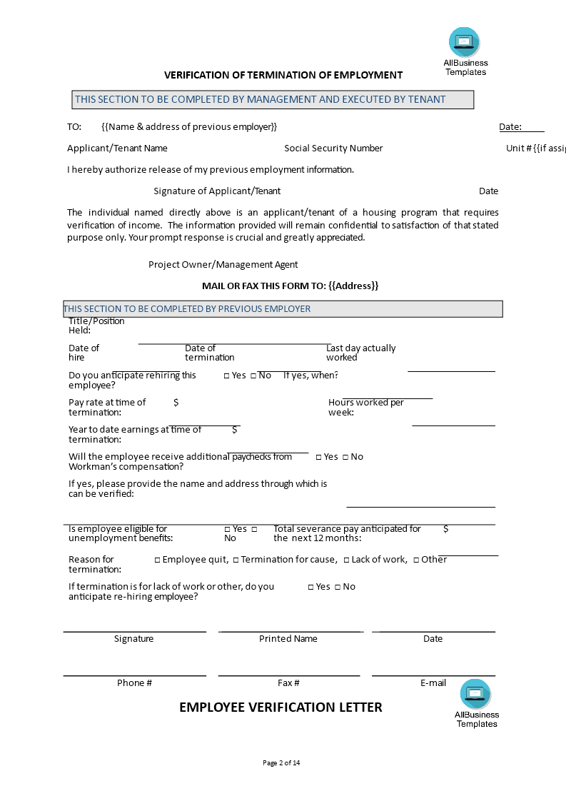 Kostenloses Employment Termination Verification Letter With Regard To Proof Of Unemployment Letter Template
