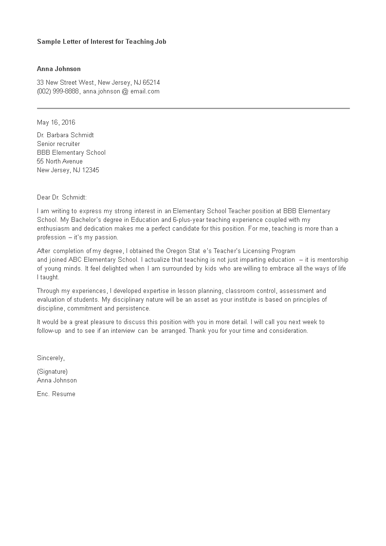 Teacher letter of interest for job