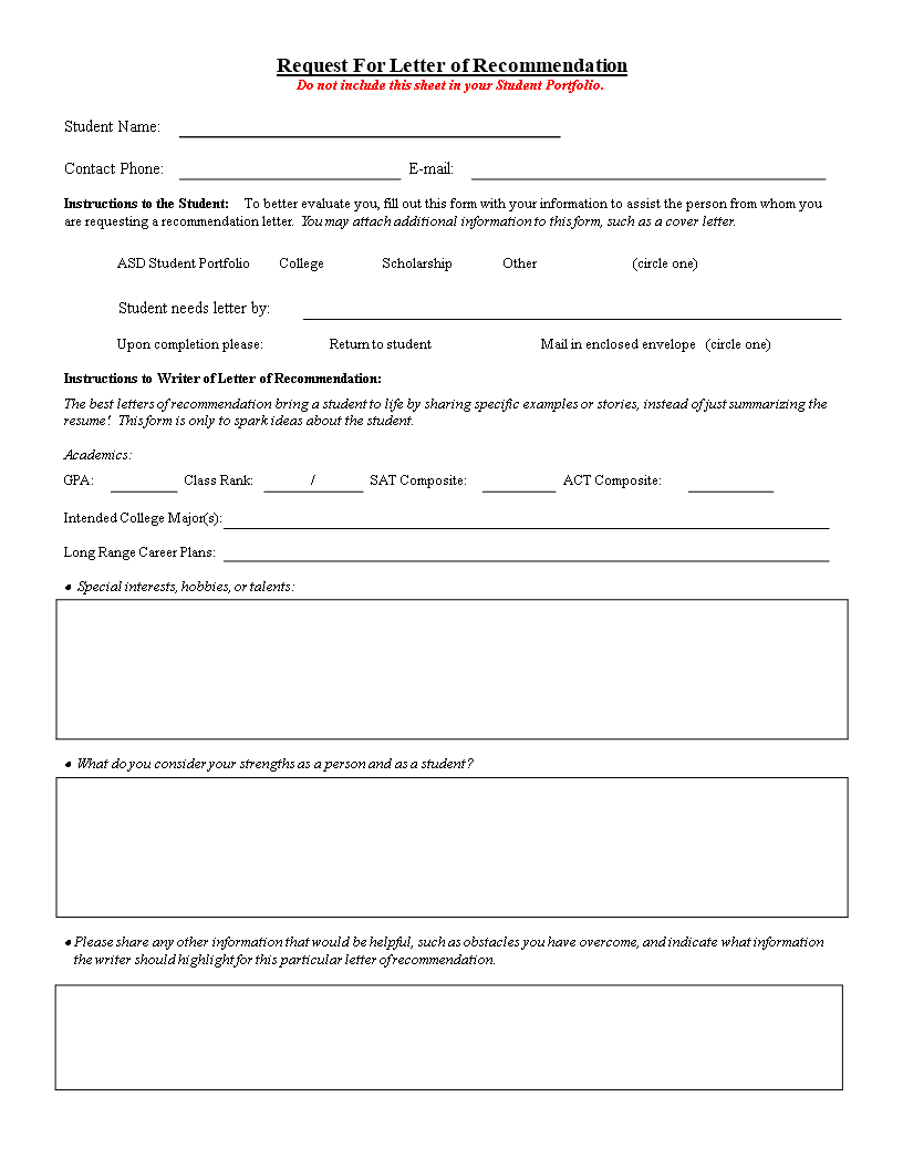 request letter of recommendation template