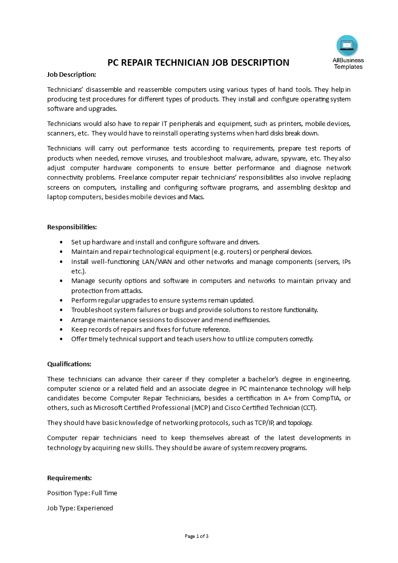 pc repair technician job description Hauptschablonenbild