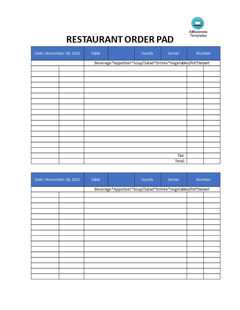 restaurant order pad template voorbeeld afbeelding 