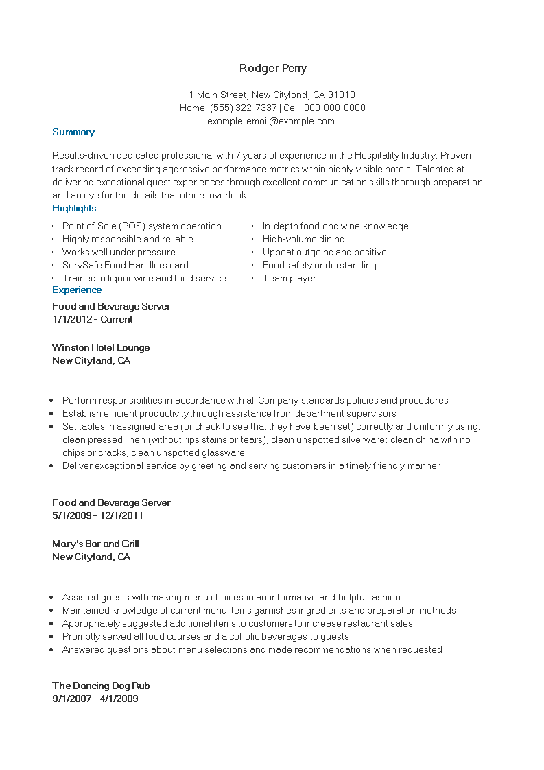 Hospitality Employee Resume 模板