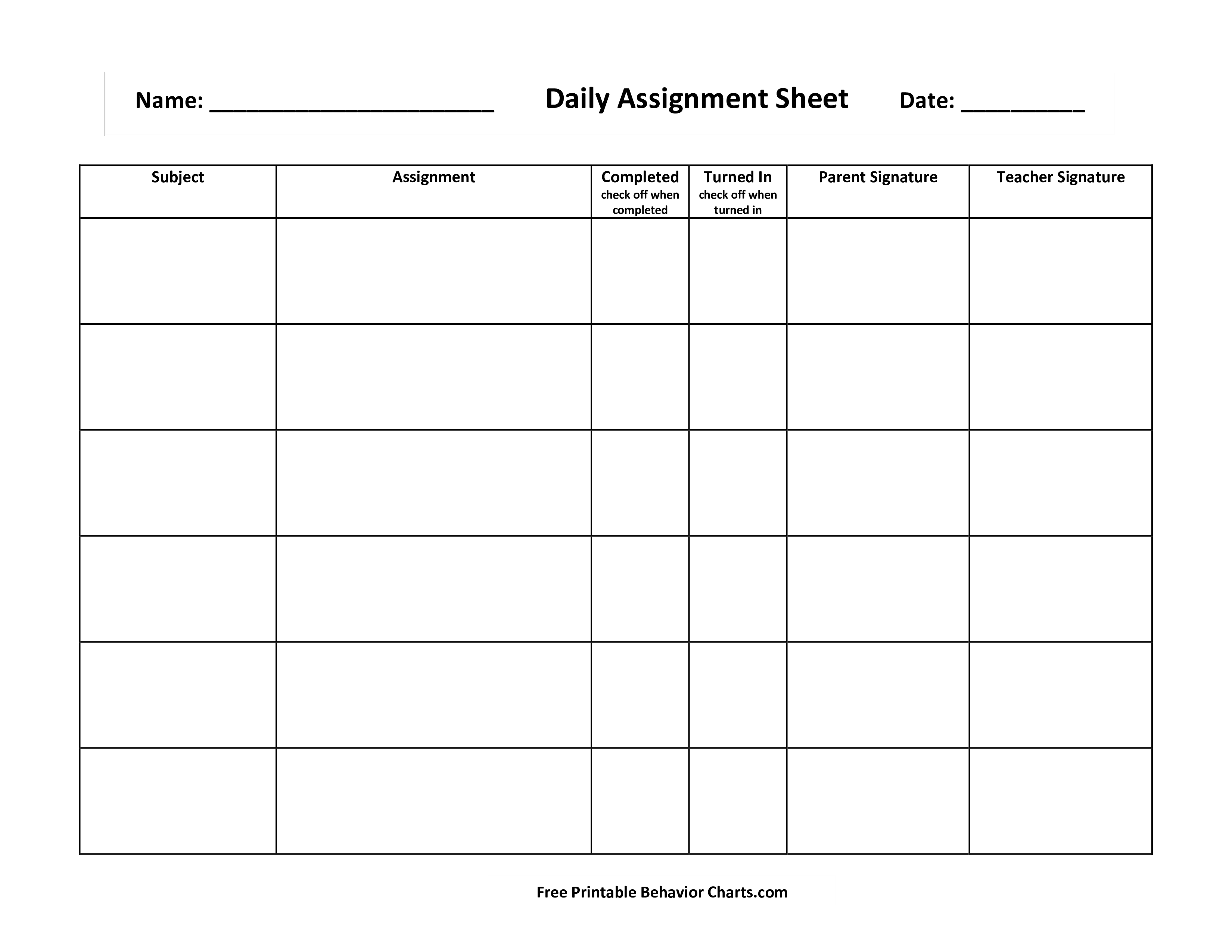 Daily Assignment Sheet Template