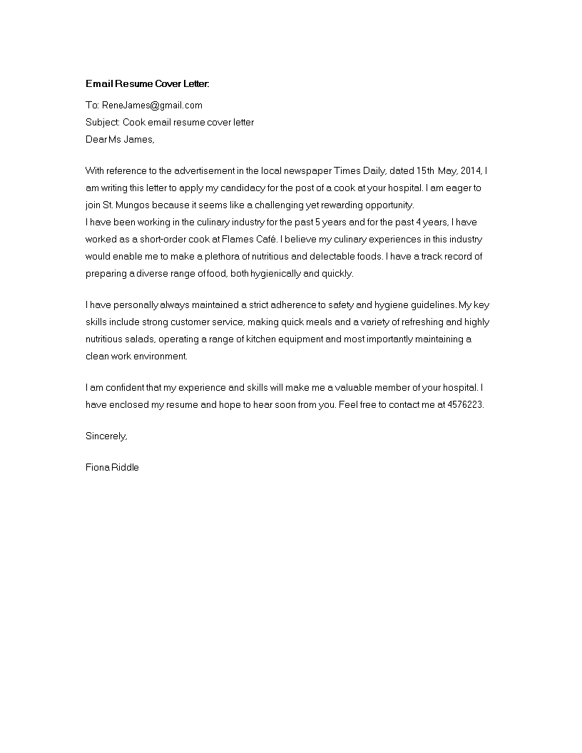 Hospital Cook Email Cover Letter with CV | Templates at