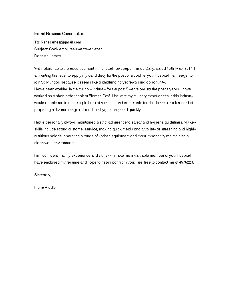 Hospital Cook Email Cover Letter with CV main image