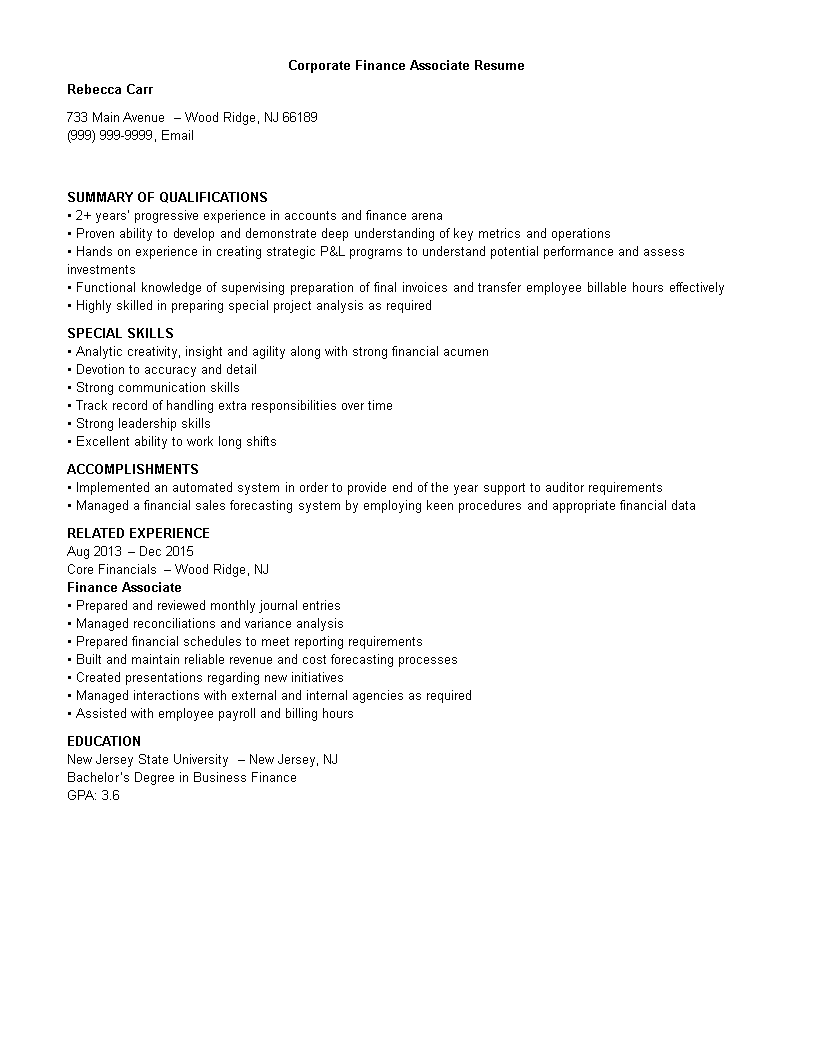 corporate finance associate resume template