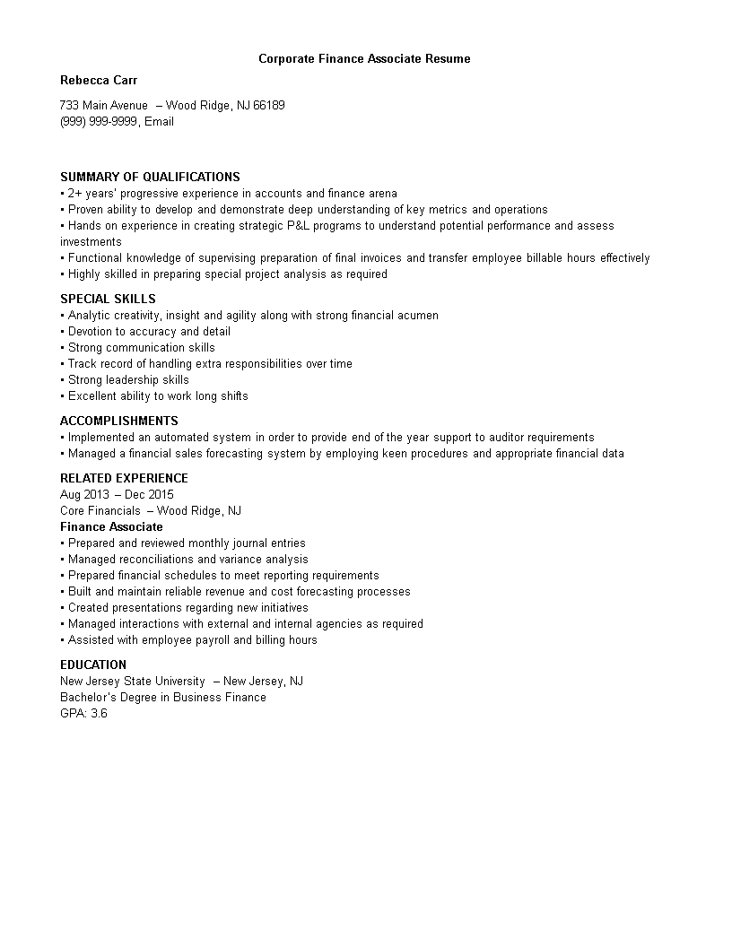 Corporate Finance Associate Resume main image