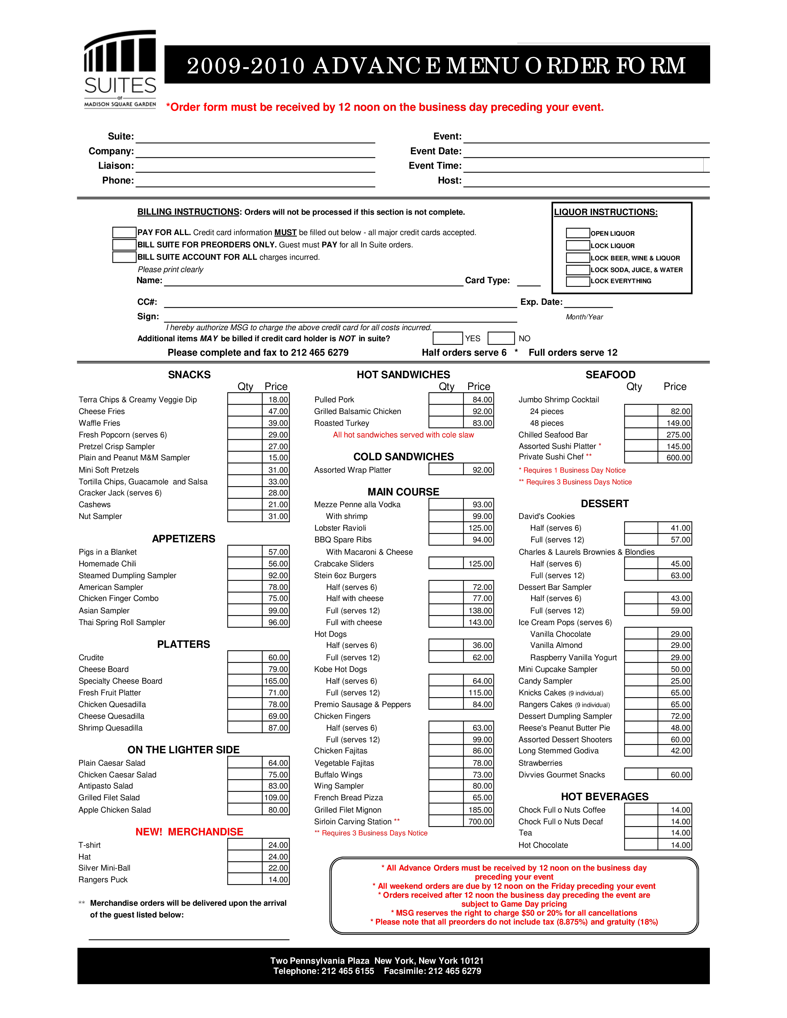 advance menu order template