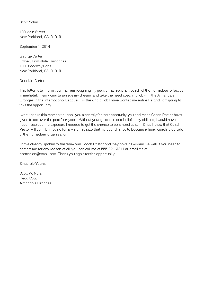 assistant coach resignation letter template