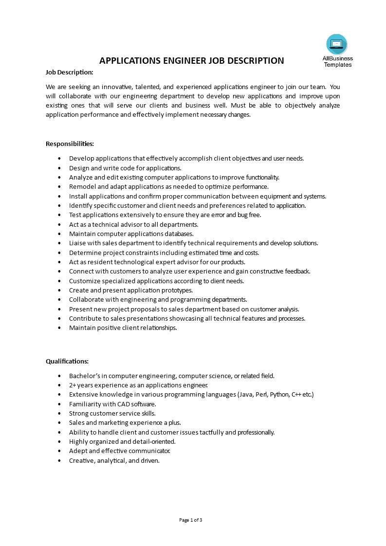 Applications Engineer Job Description 模板