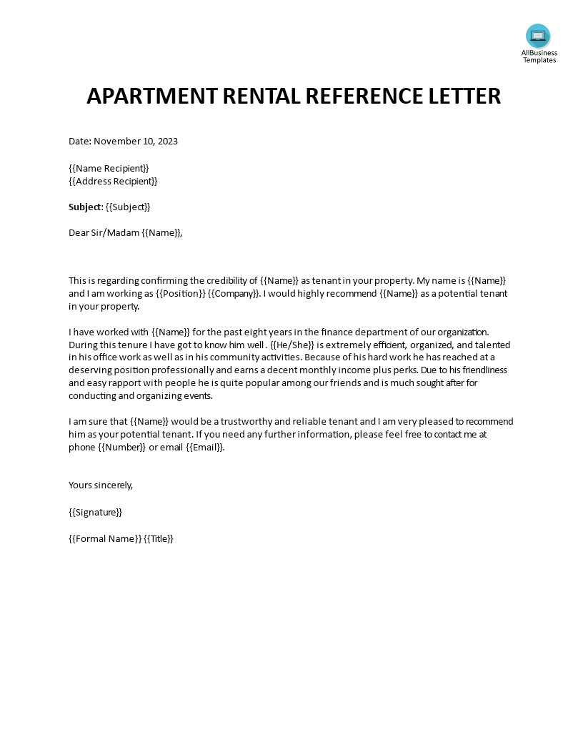 apartment rental reference letter template