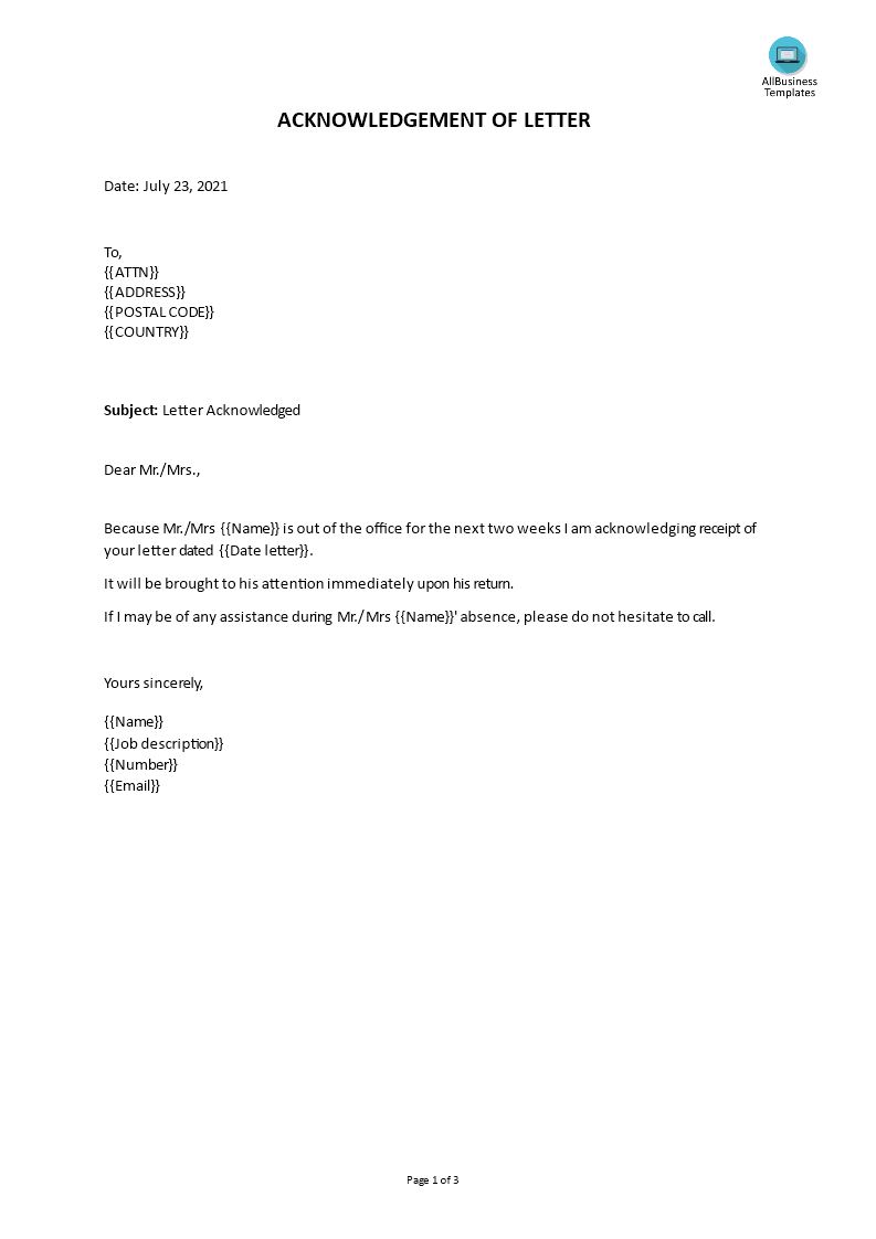 acknowledgement letter sample voorbeeld afbeelding 