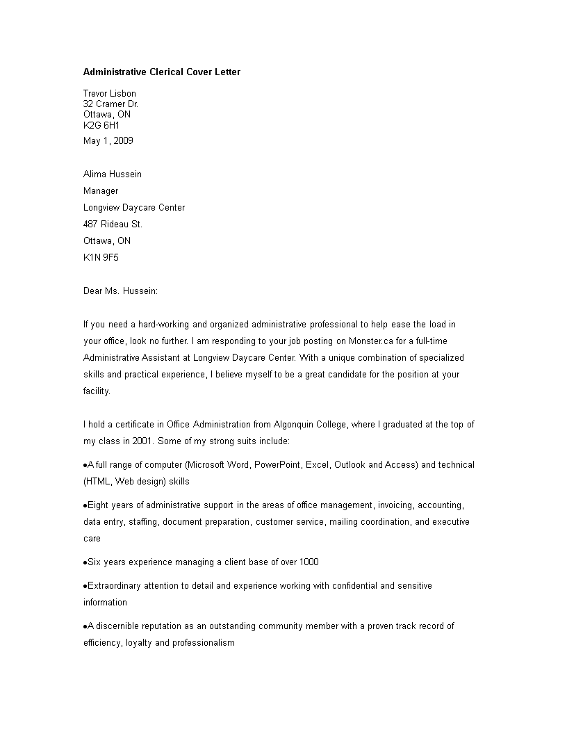 administrative clerical worker cover letter template