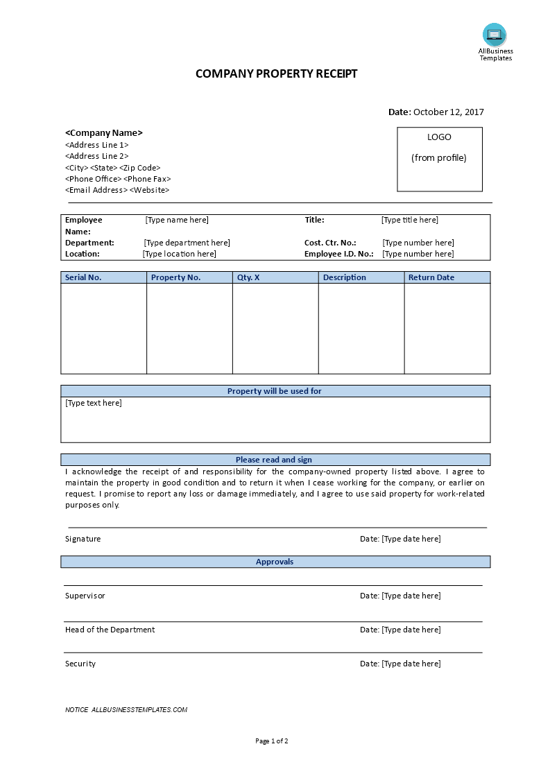 property receipt template