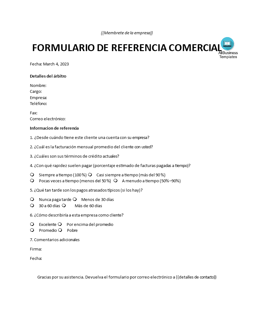 formulario de referencia comercial template