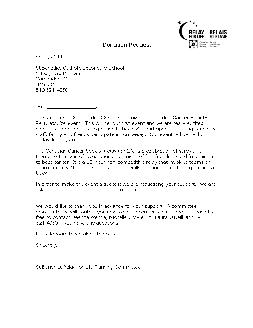 Kostenloses Sample Donation Request Letter For School