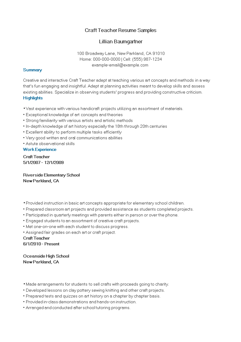 craft teacher resume sample template