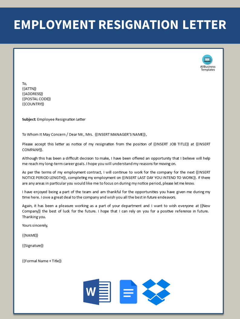 resignation letter to employer template