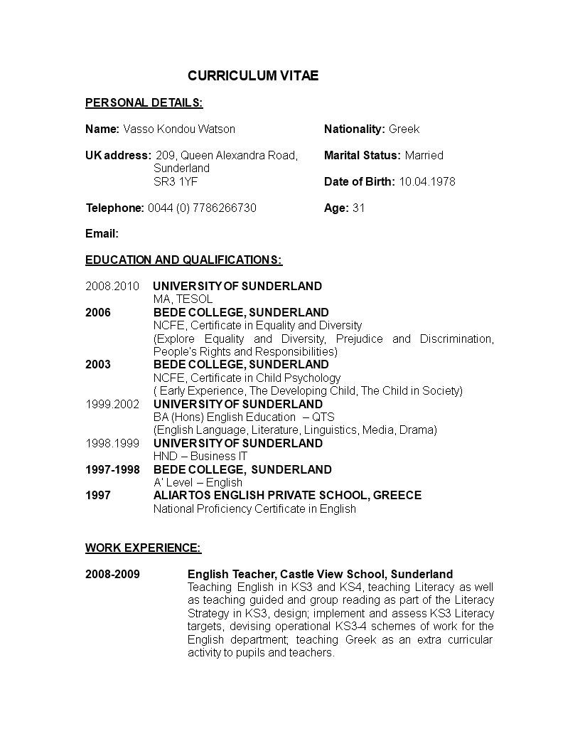 teacher resume format in word template