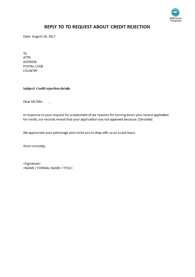 reply to request about credit rejection voorbeeld afbeelding 
