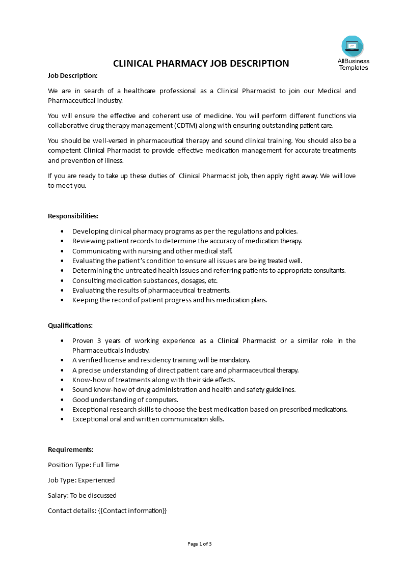 clinical pharmacy job description modèles