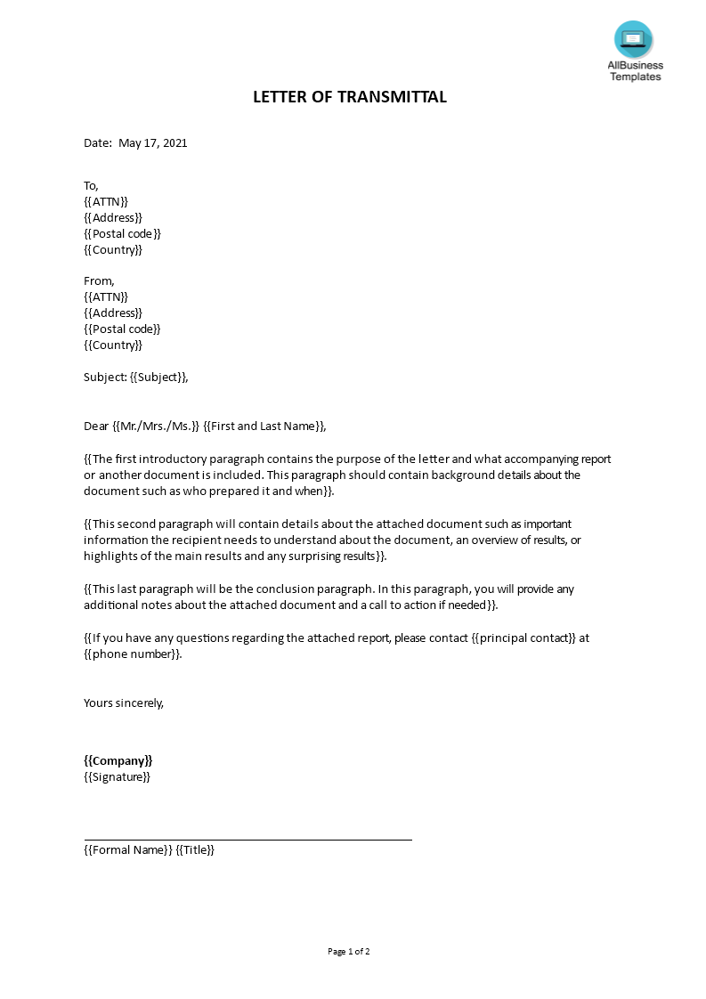 letter of transmittal voorbeeld afbeelding 