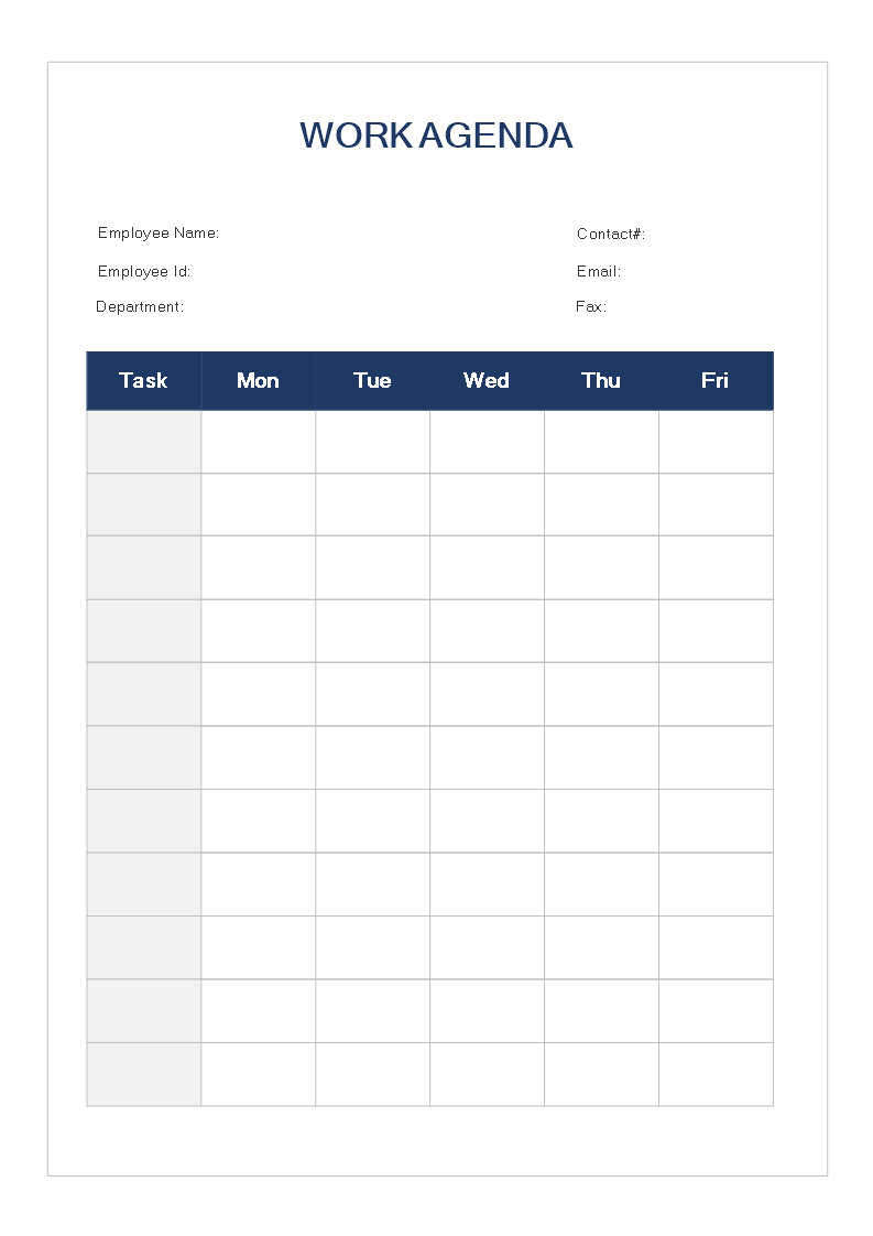 work agenda template template