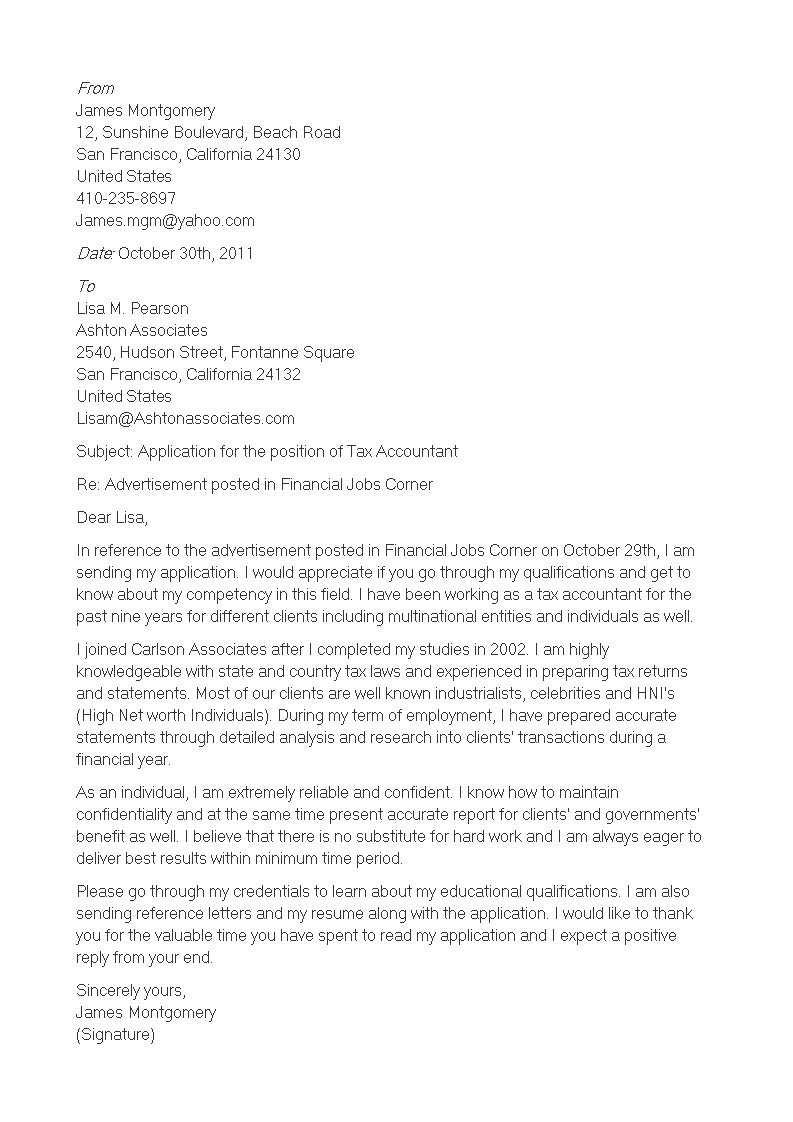 tax accounting cover letter modèles