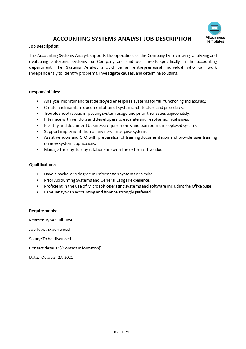 accounting systems analyst job description modèles
