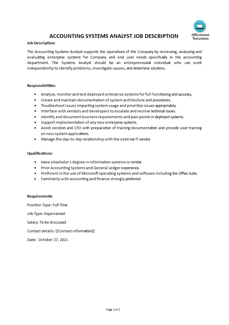 accounting systems analyst job description plantilla imagen principal