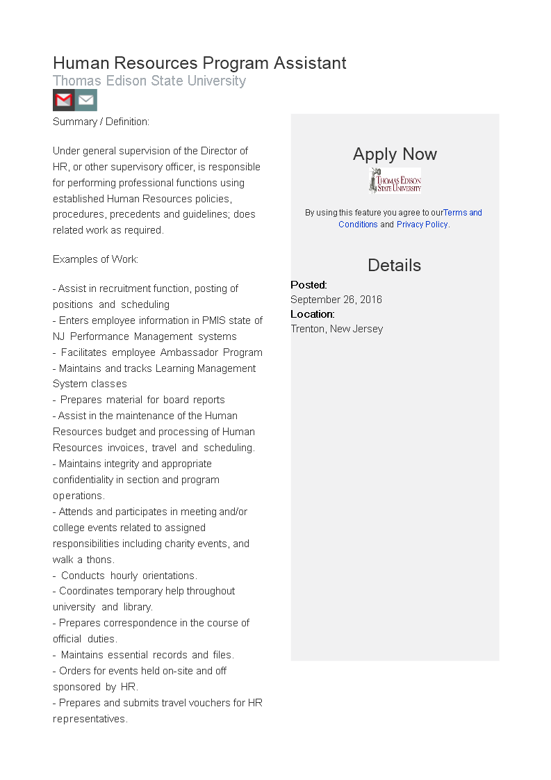 human resources program assistant job description template
