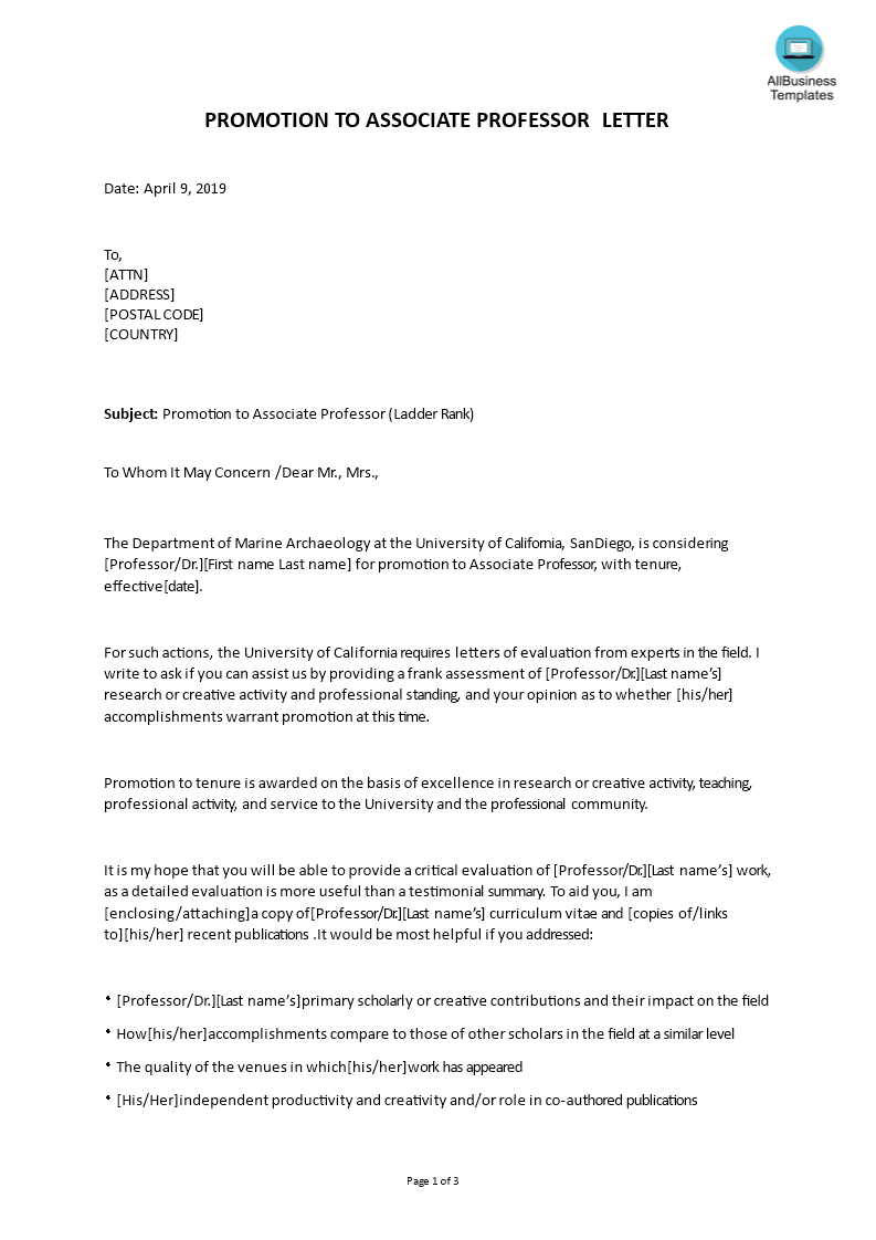 promotion to associate professor letter template