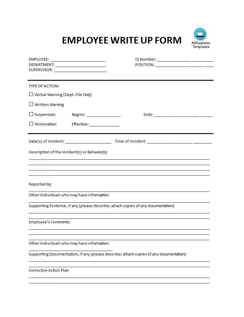 employee write up form sample modèles