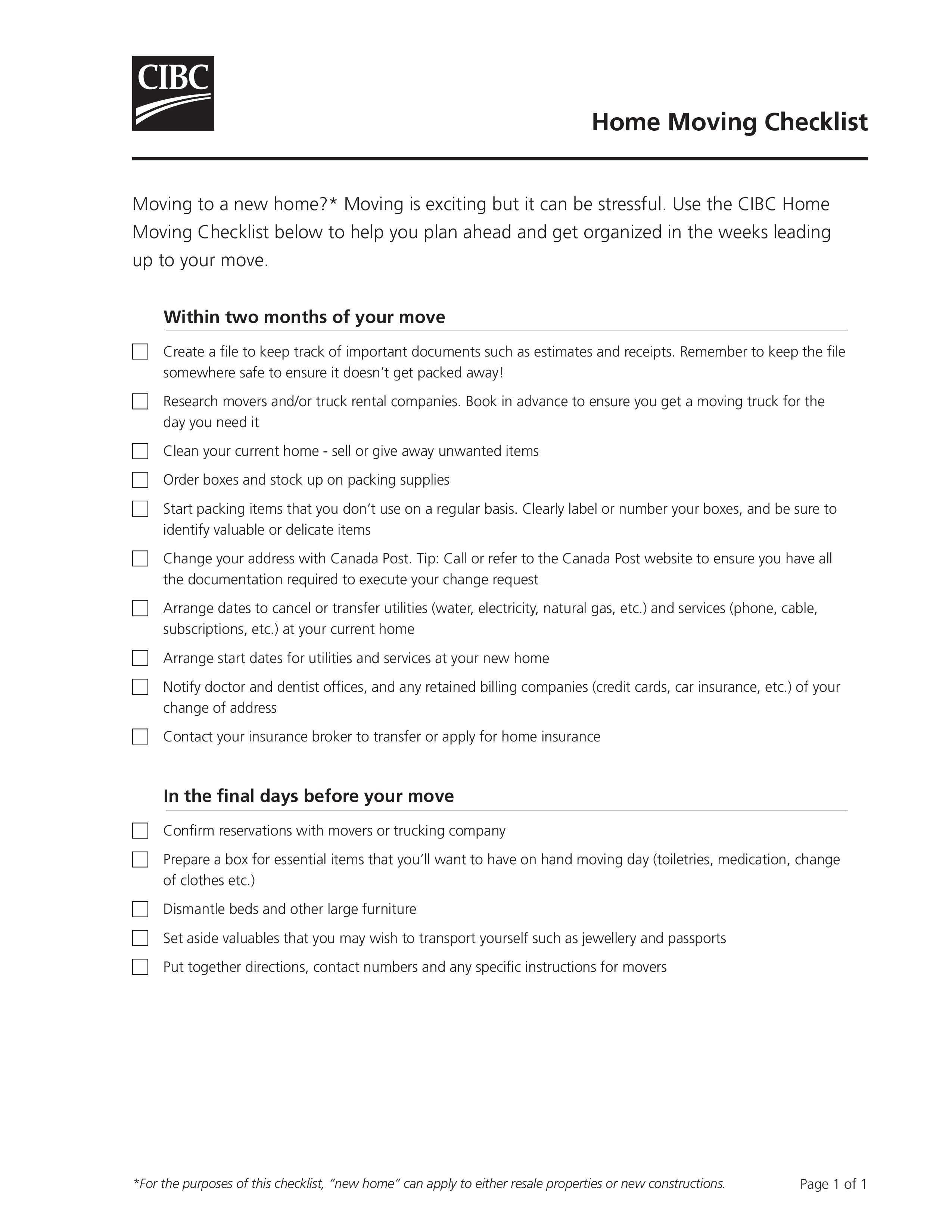 House Moving Checklist 模板