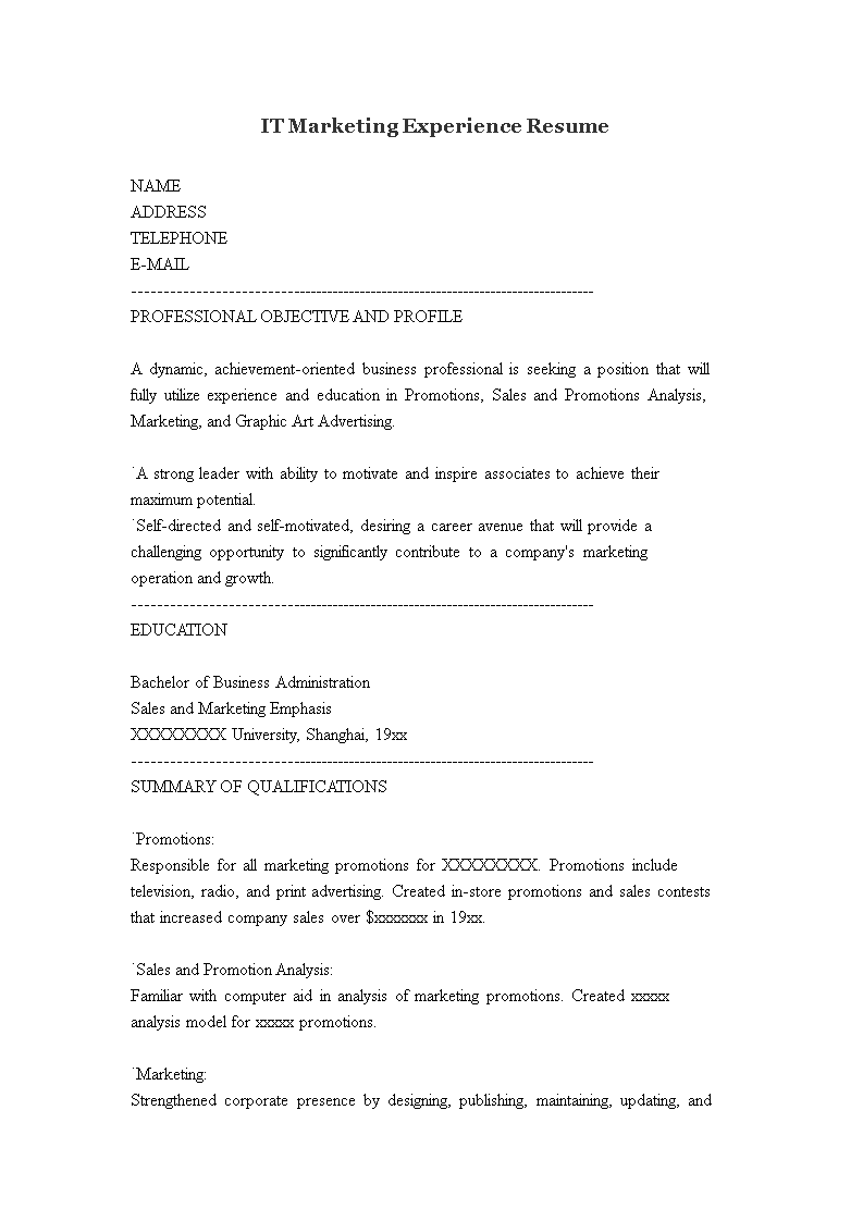 it marketing experience resume template