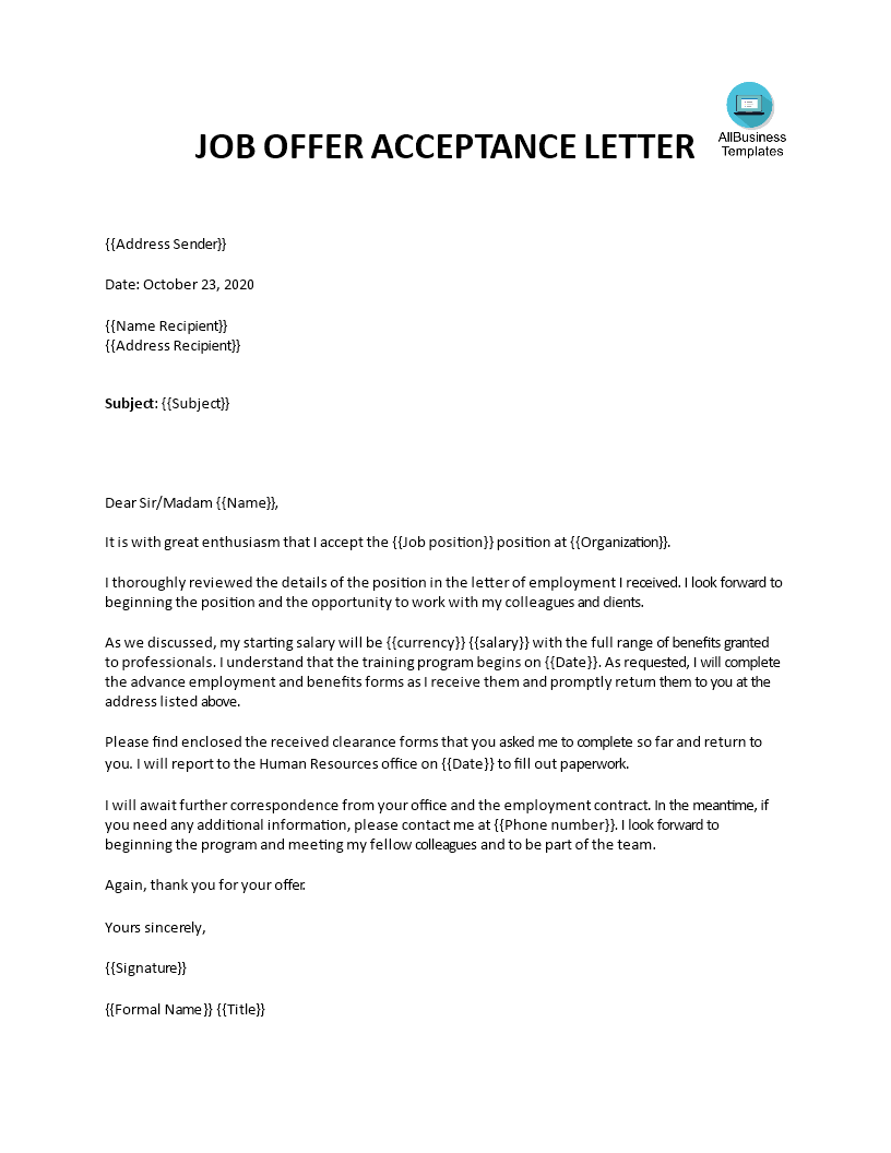 appointment job offer acceptance letter template modèles